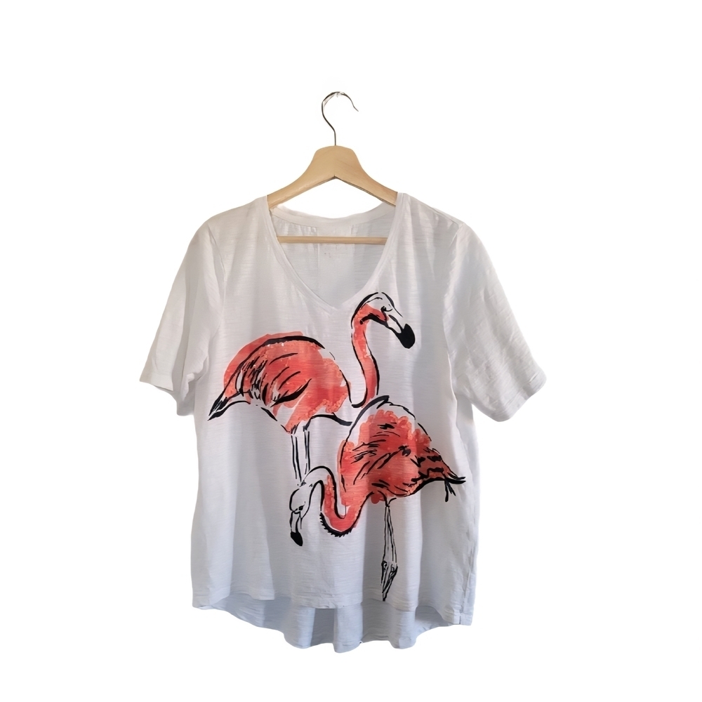 CHICO'S Womens Graphic Sequin Detail Tee White/Red - Size US Large Cotton Blend